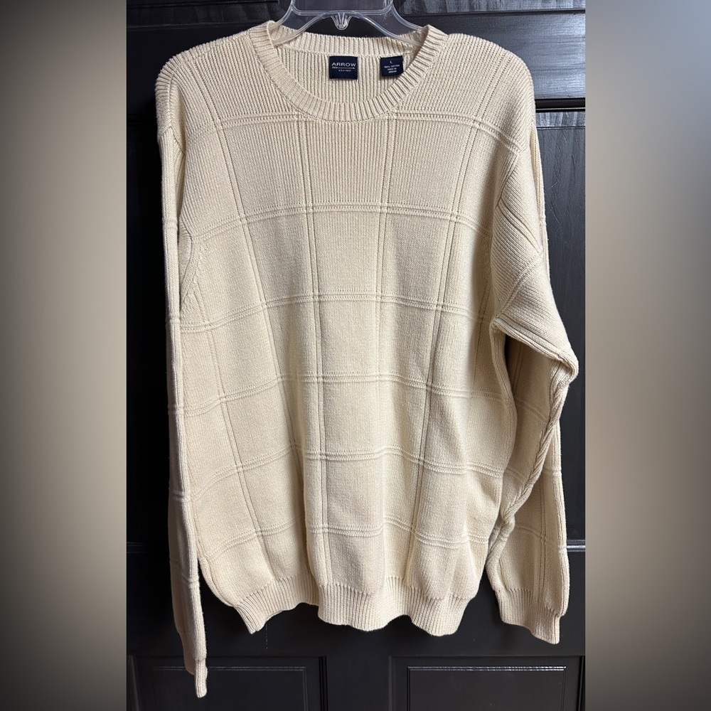 Arrow Brand Men’s Sz Large Heavier Weight Sweater Windowpane Design Cream Color - Picture 1 of 7